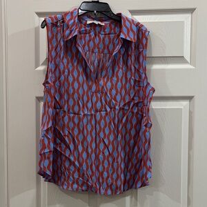 LOFT Sleeveless Patterned Top. Reddish orange and blue.